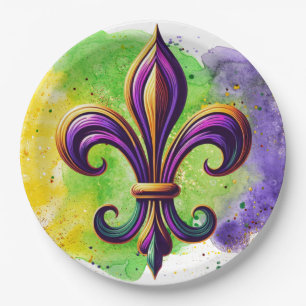 Colourful Mardi Gras Fleur de lis Paper Plate