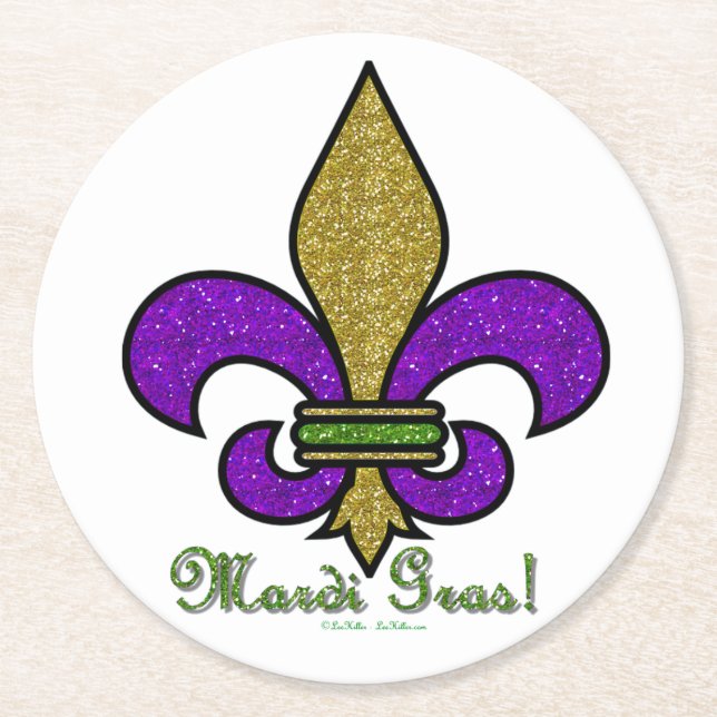 Colourful Mardi Gras Fleur De Lis Round Paper Coaster (Front)