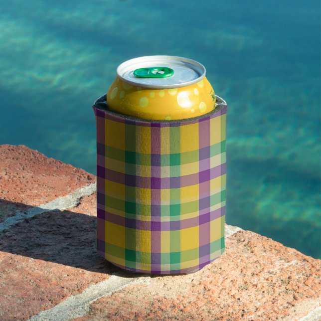 Colourful Mardi Gras gingham patterned Can Cooler (In Situ Pool)