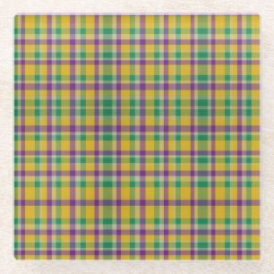 Colourful Mardi Gras gingham patterned Glass Coaster
