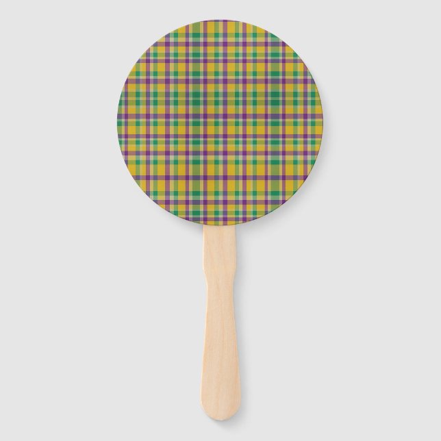 Colourful Mardi Gras gingham patterned Hand Fan (Front)