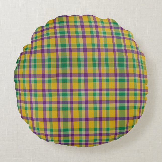 Colourful Mardi Gras gingham patterned Round Cushion (Front)