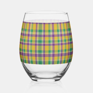 Colourful Mardi Gras gingham patterned Stemless Wine Glass