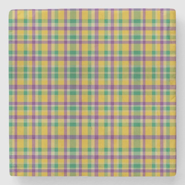 Colourful Mardi Gras gingham patterned Stone Coaster (Front)