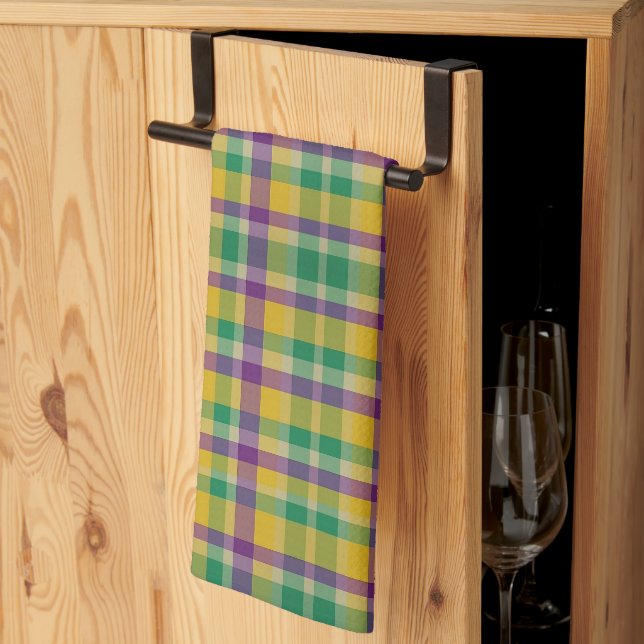Colourful Mardi Gras gingham patterned Tea Towel (Thirds Fold)