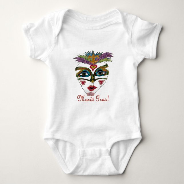 Colourful Mardi Gras Glitter Feather Mask Baby Bodysuit (Front)