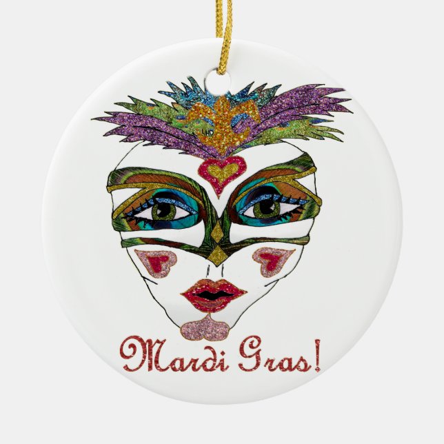 Colourful Mardi Gras Glitter Feather Mask Ceramic Ornament (Front)