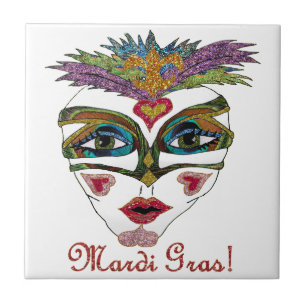 Colourful Mardi Gras Glitter Feather Mask Ceramic Tile