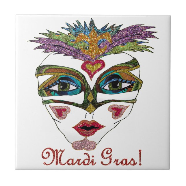 Colourful Mardi Gras Glitter Feather Mask Ceramic Tile (Front)
