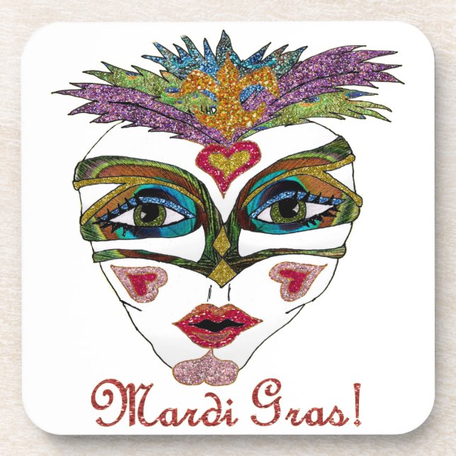Colourful Mardi Gras Glitter Feather Mask Coaster (Front)