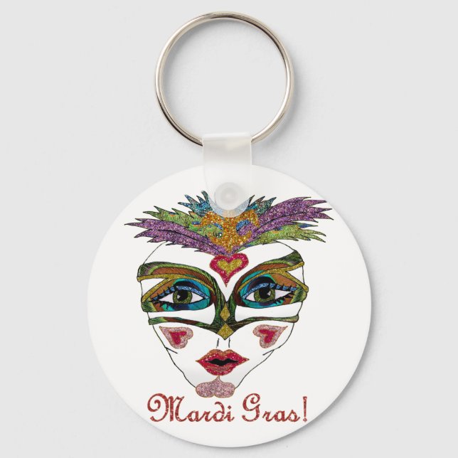Colourful Mardi Gras Glitter Feather Mask Key Ring (Front)