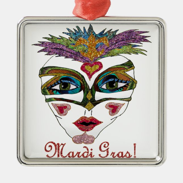 Colourful Mardi Gras Glitter Feather Mask Metal Tree Decoration (Front)