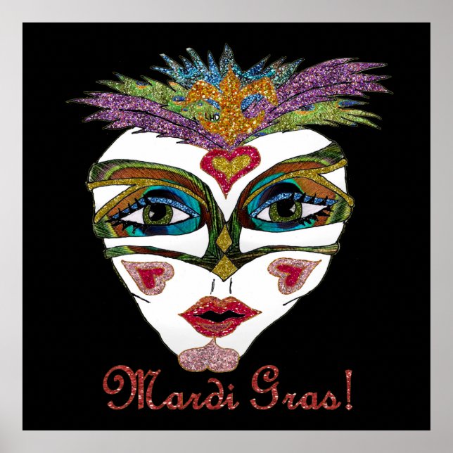 Colourful Mardi Gras Glitter Feather Mask Poster (Front)