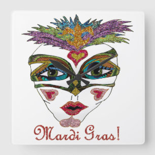 Colourful Mardi Gras Glitter Feather Mask Square Wall Clock