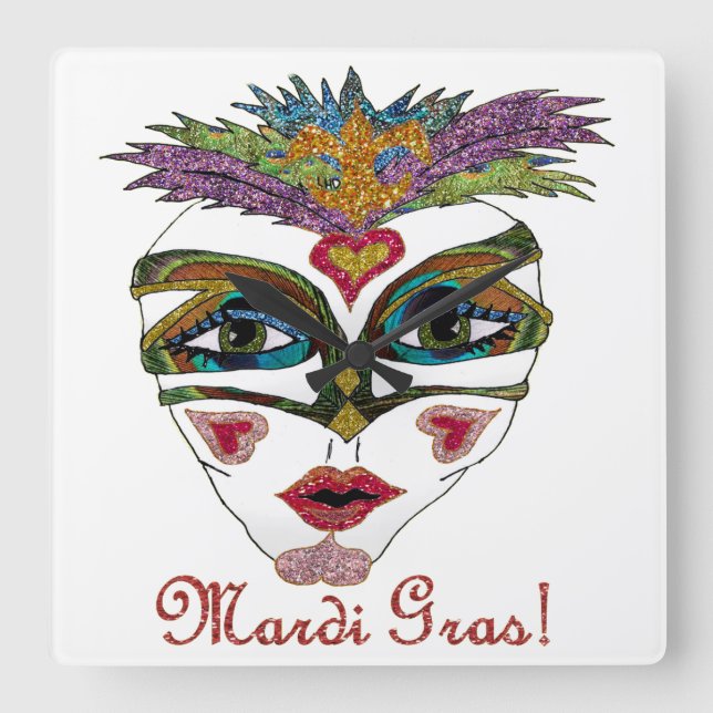 Colourful Mardi Gras Glitter Feather Mask Square Wall Clock (Front)