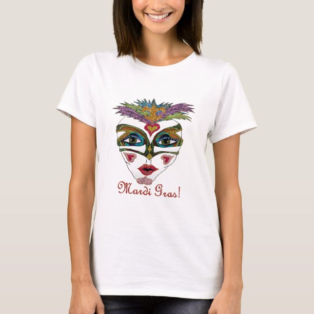 Colourful Mardi Gras Glitter Feather Mask T-Shirt (Front)