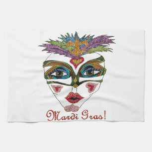 Colourful Mardi Gras Glitter Feather Mask Tea Towel