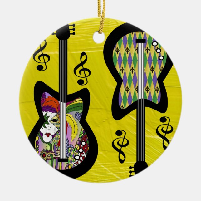 Colourful Mardi Gras Guitars Ceramic Ornament (Front)