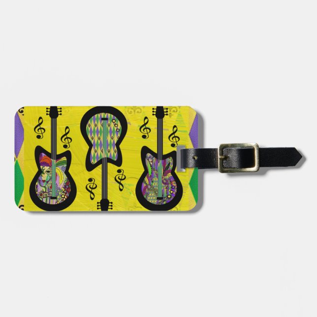 Colourful Mardi Gras Guitars Luggage Tag (Front Horizontal)