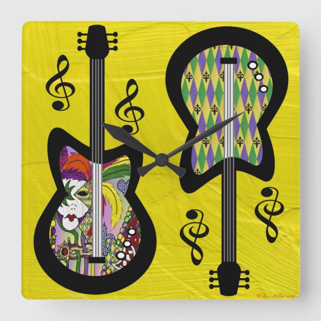 Colourful Mardi Gras Guitars Square Wall Clock (Front)