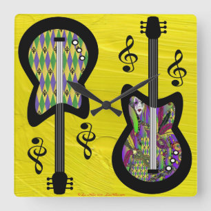 Colourful Mardi Gras Guitars Square Wall Clock