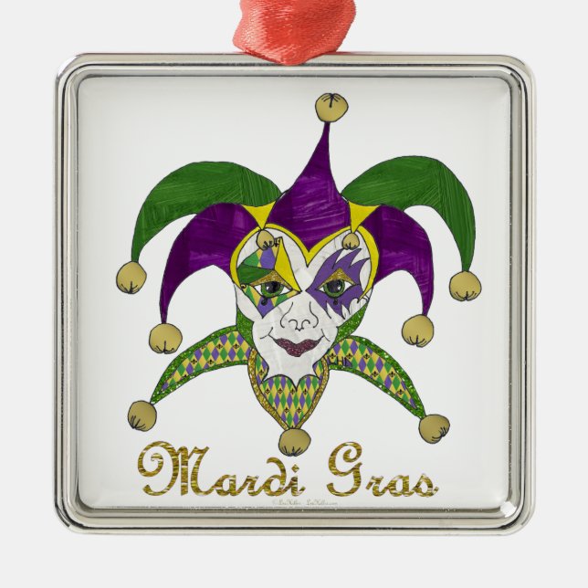 Colourful Mardi Gras Jesters Mask Metal Ornament (Front)