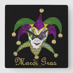 Colourful Mardi Gras Jesters Mask Square Wall Clock