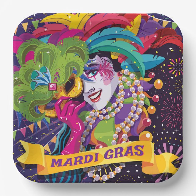 Colourful Mardi Gras Masked Poster Paper Plate (Front)