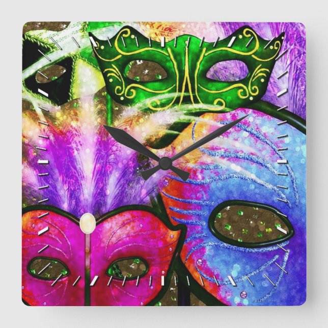Colourful Mardi Gras Masks Wall Clock (Front)