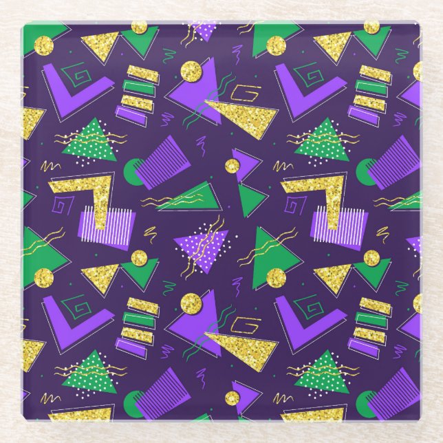Colourful Mardi-Gras Style Shapes and Pattern Glass Coaster (Front)
