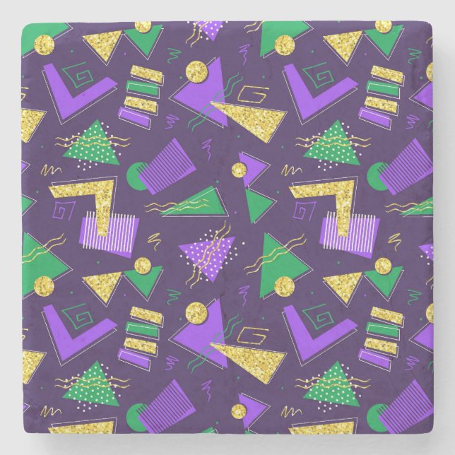 Colourful Mardi-Gras Style Shapes and Pattern Stone Coaster (Front)