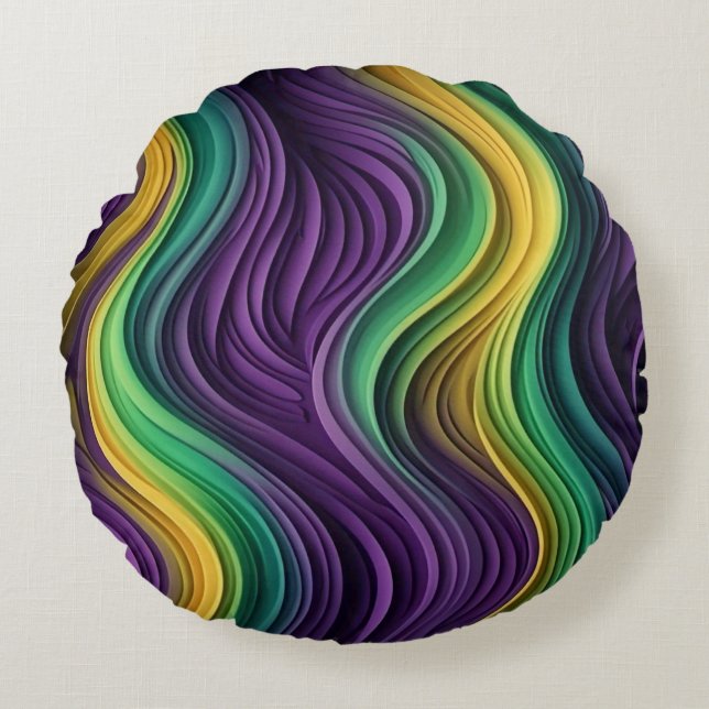 Colourful Mardi Gras wave patterned  Round Cushion (Front)