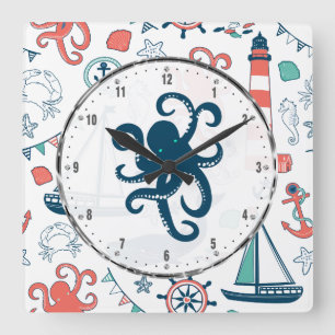 Colourful Marine Life With Cute Octopus Square Wall Clock