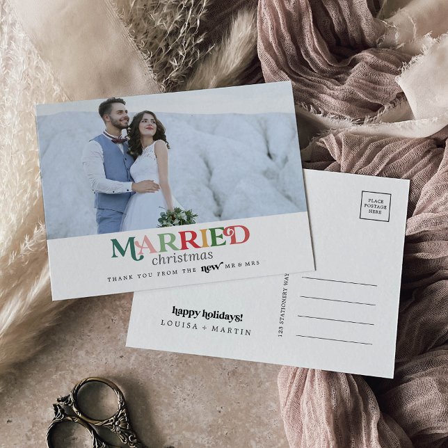 Colourful Married Christmas Newlywed Thank You Holiday Postcard (Creator Uploaded)
