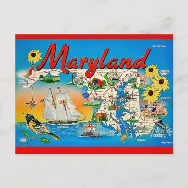 Colourful Maryland Map Postcard (Front)