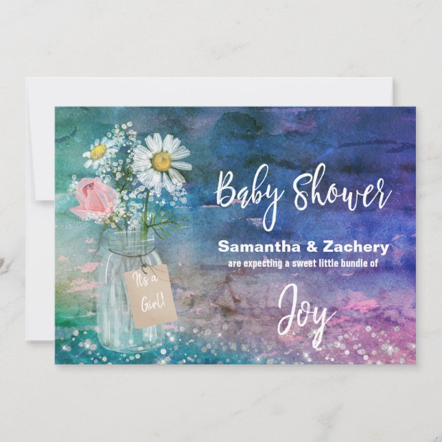 *~* Colourful Mason Jar Floral Baby Shower Rustic Invitation (Front)
