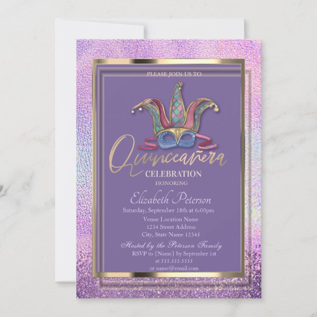 Colourful Masque Holographic Quinceañera  Invitation (Front)
