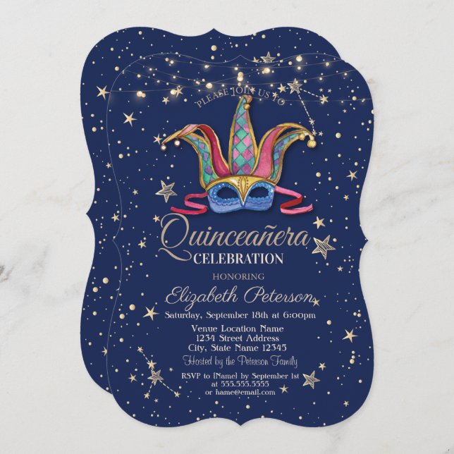 Colourful Masque Navy Blue Stars  Quinceañera Invitation (Front/Back)