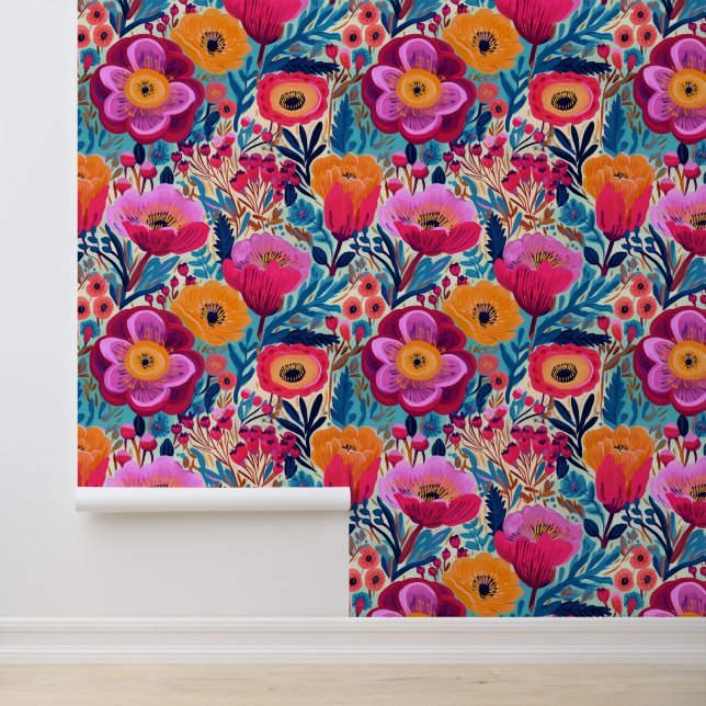 Colourful Maximalist Abstract Floral Pattern Wallpaper (Application)
