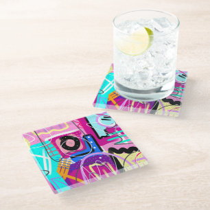 Colourful Maximalist Expressive Abstract  Glass Coaster