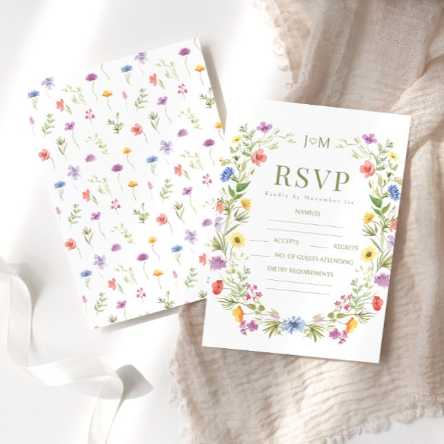 Colourful meadow floral wildflower rustic wedding RSVP card (Creator Uploaded)