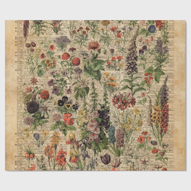 Colourful Meadow Flowers Herbs Dictionary Art Wrapping Paper (Flat)
