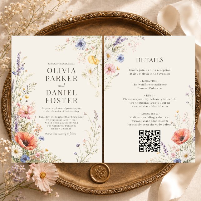 Colourful Meadow Wildflower QR Code Boho Wedding Invitation (Creator Uploaded)