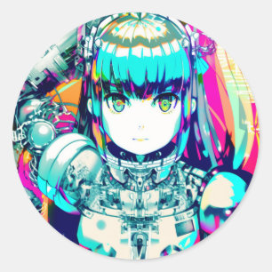 Colourful Mecha Anime Girl Classic Round Sticker
