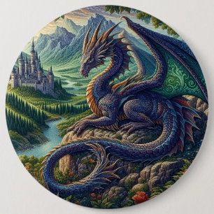 Colourful, Mediaeval Dragon castle 6 Cm Round Badge
