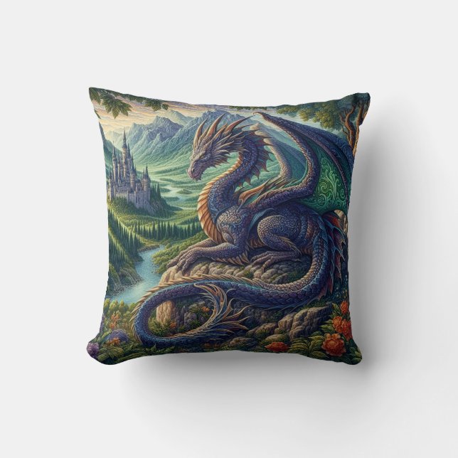 Colourful, Mediaeval Dragon castle Cushion (Front)