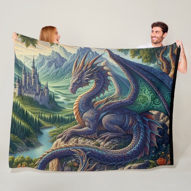 Colourful, Mediaeval Dragon castle Fleece Blanket (In Situ)