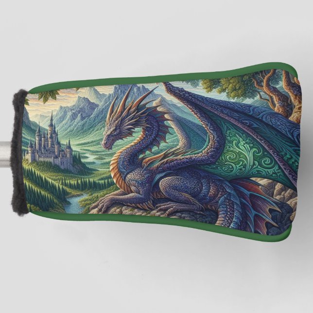 Colourful, Mediaeval Dragon castle Golf Head Cover (Front)