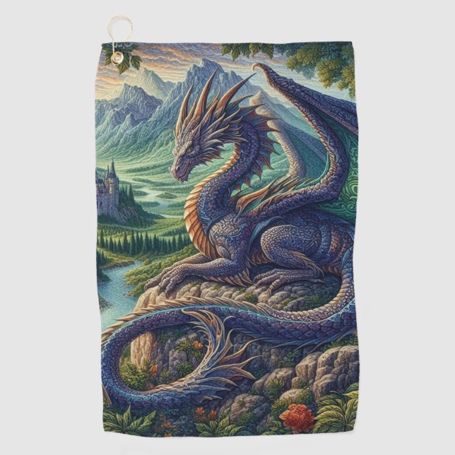 Colourful, Mediaeval Dragon castle Golf Towel (Front)