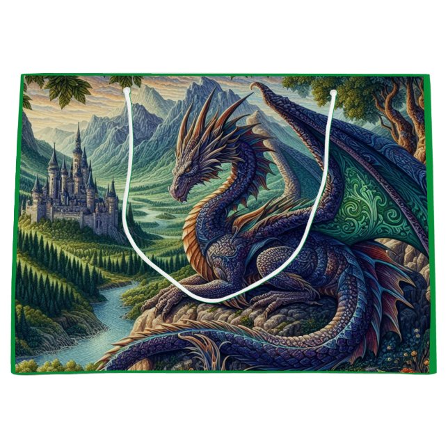 Colourful, Mediaeval Dragon castle Large Gift Bag (Front)